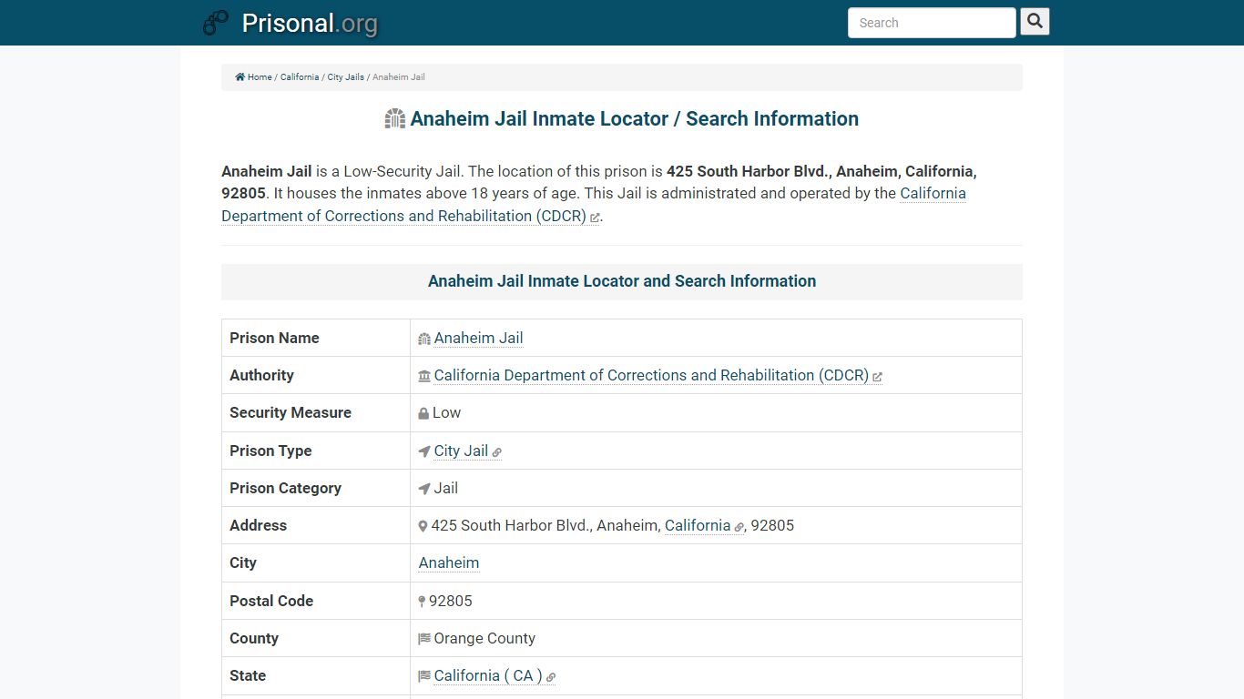 Anaheim Jail-Inmate Locator/Search Info, Phone, Fax, Email ...
